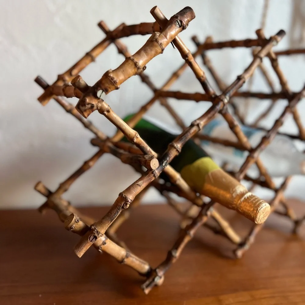 Vintage Boho Bamboo Folding Wine Rack – Mid Century Bar Cart Bottle Holder